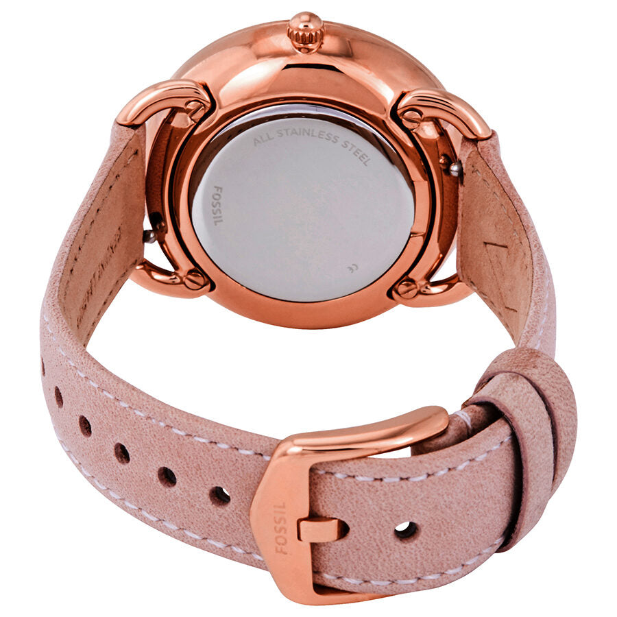 Fossil Tailor watch caseback showing rose gold case with engraved details and pink leather strap with buckle