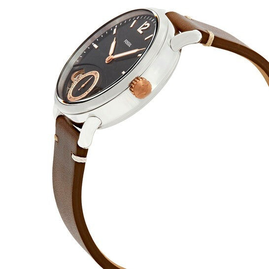 Side profile of Fossil The Commuter watch showing case and brown leather strap