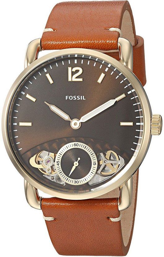 Fossil The Commuter Twist men's watch with brown leather strap and skeletal subdial