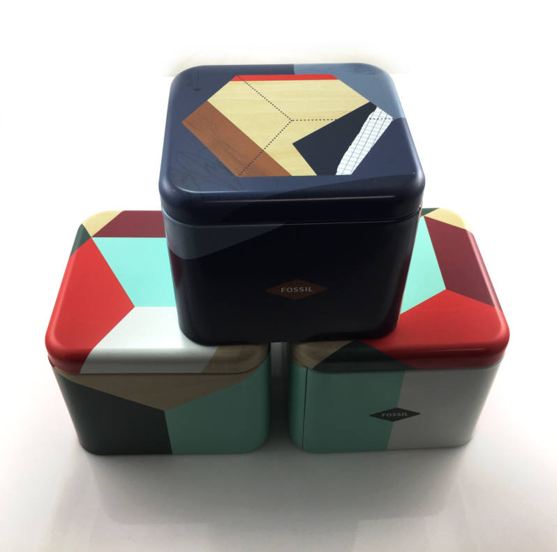 Fossil The Commuter Twist watch packaging boxes with colorful geometric design