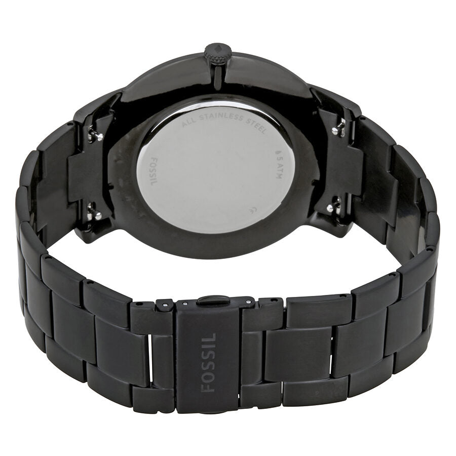 Caseback of Fossil The Minimalist watch showing stainless steel case back with engraved logo