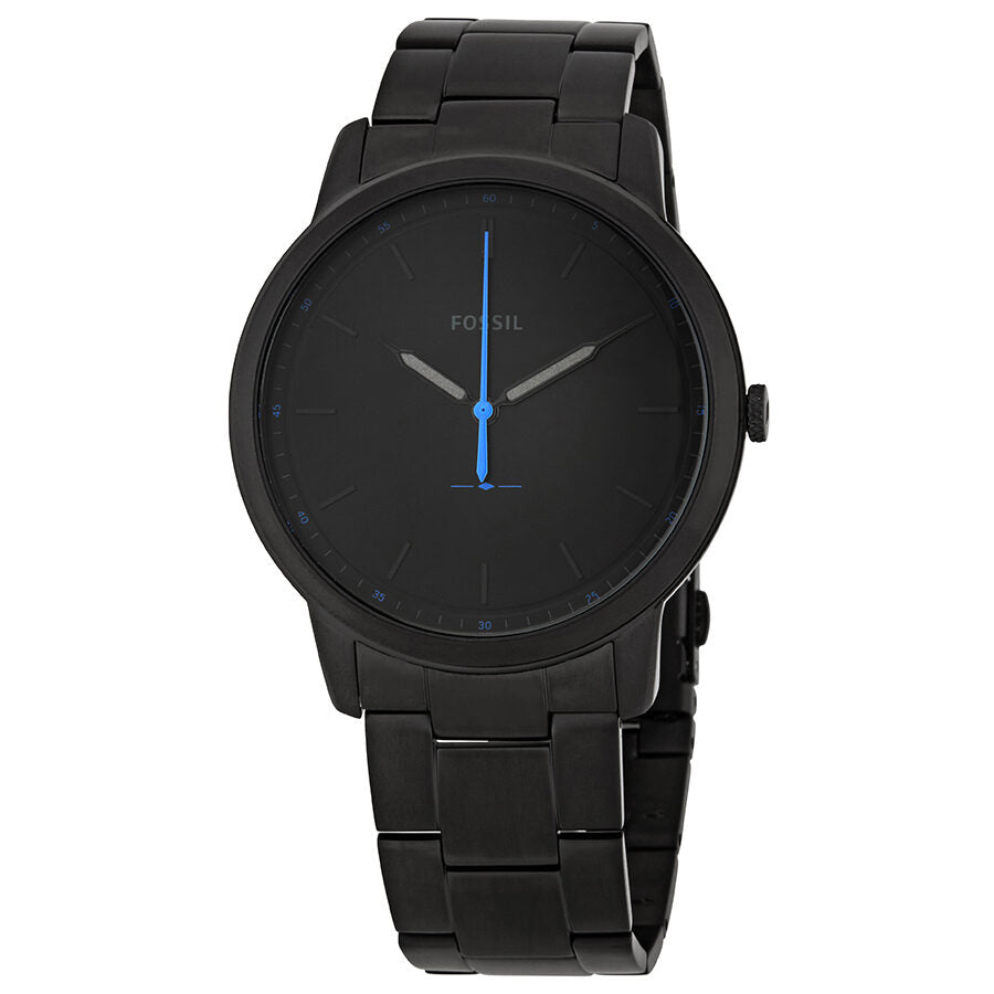 Fossil The Minimalist black satin dial men's watch with blue hands and black stainless steel bracelet