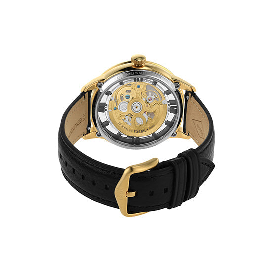 Fossil Townsman watch caseback showing automatic skeleton movement and black leather strap