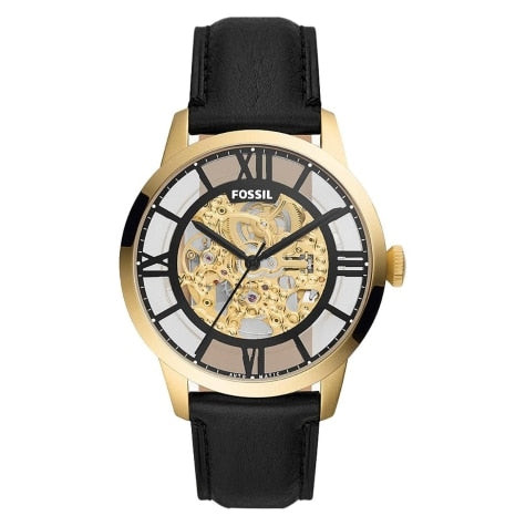 Fossil Townsman automatic watch with skeleton dial, gold-tone case, and black leather strap