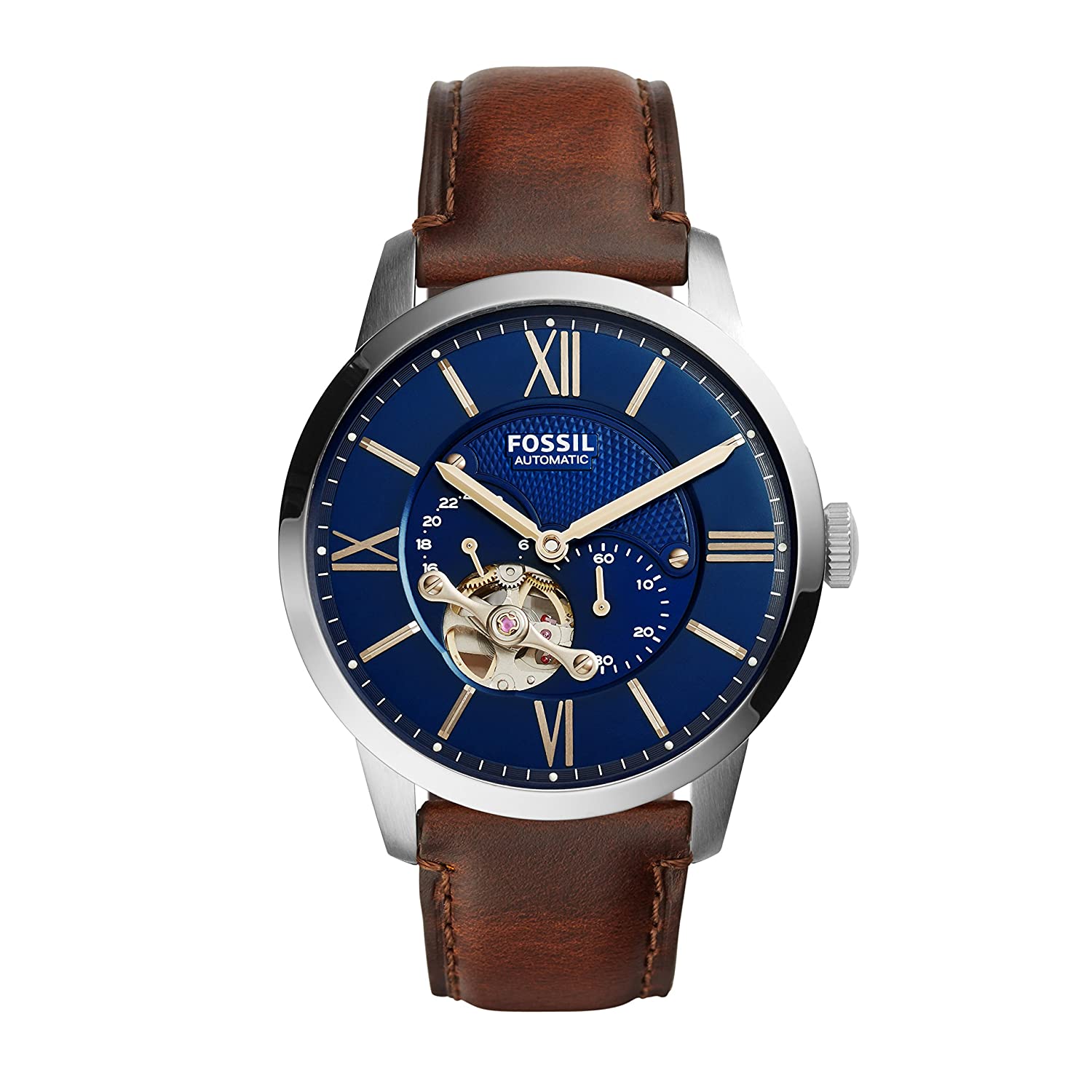 Fossil Townsman automatic watch with blue satin dial, skeleton window, Roman numerals, and brown leather strap