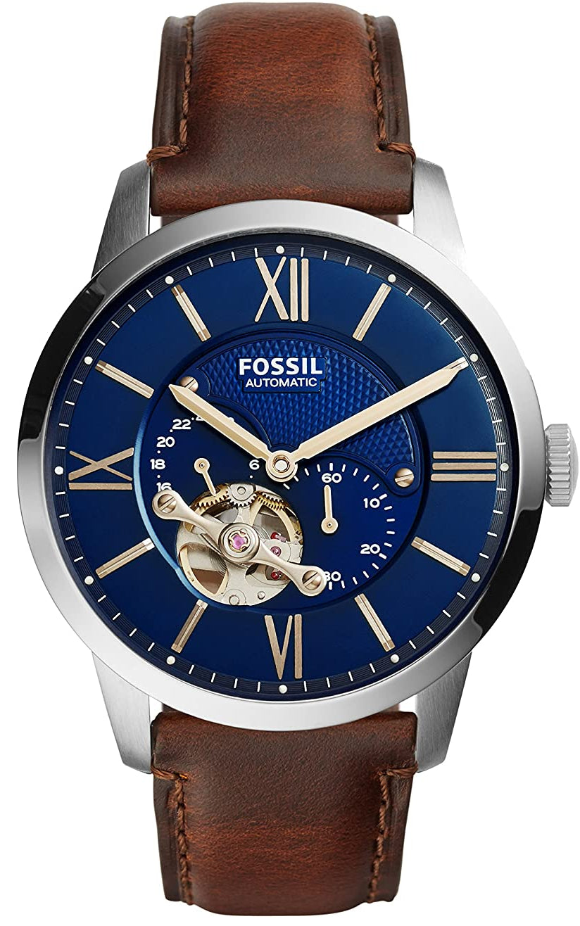Fossil Townsman automatic watch with blue satin dial, skeleton window, Roman numerals, and brown leather strap