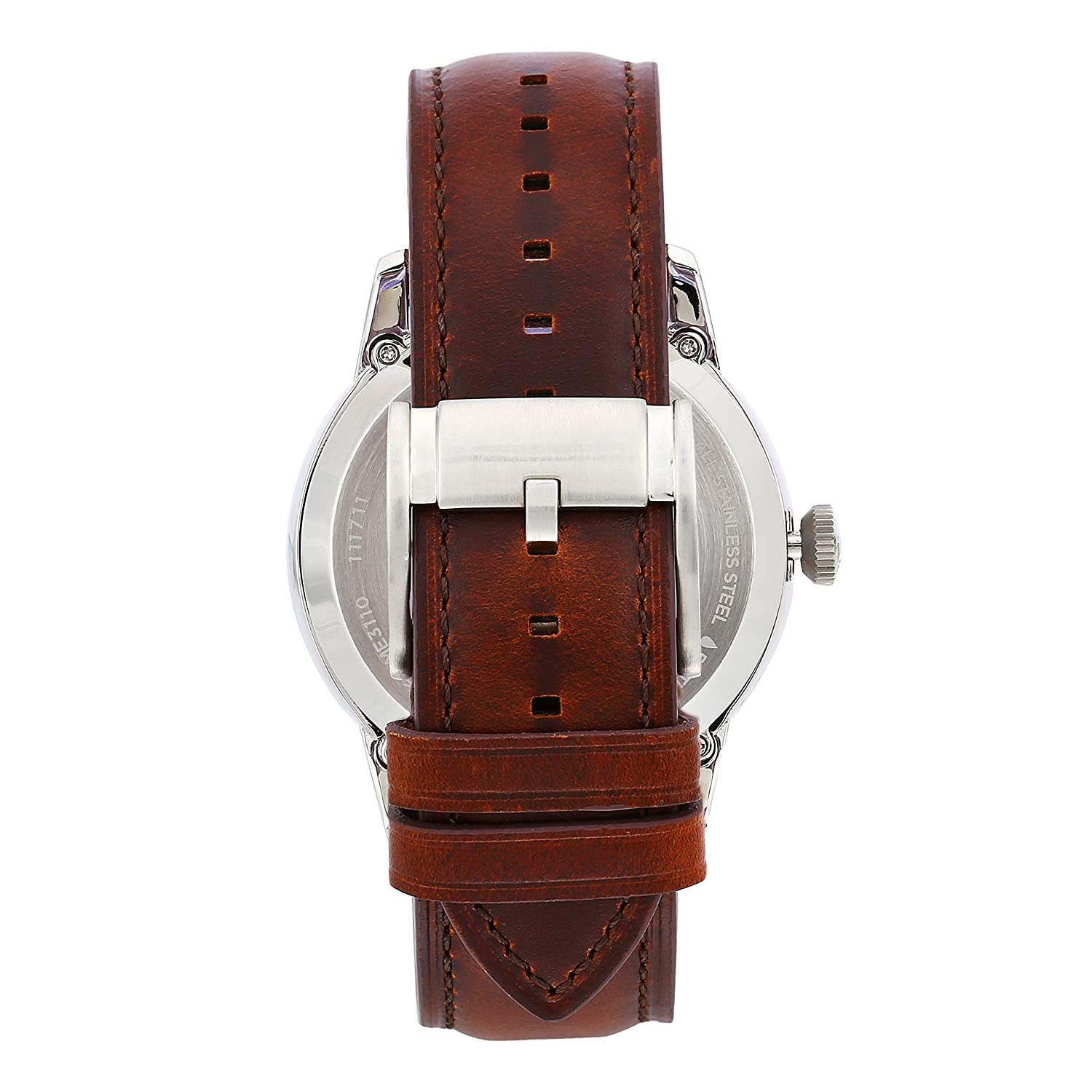 Fossil Townsman ME3110 watch viewed from rear showing brown leather strap with stitching and clasp