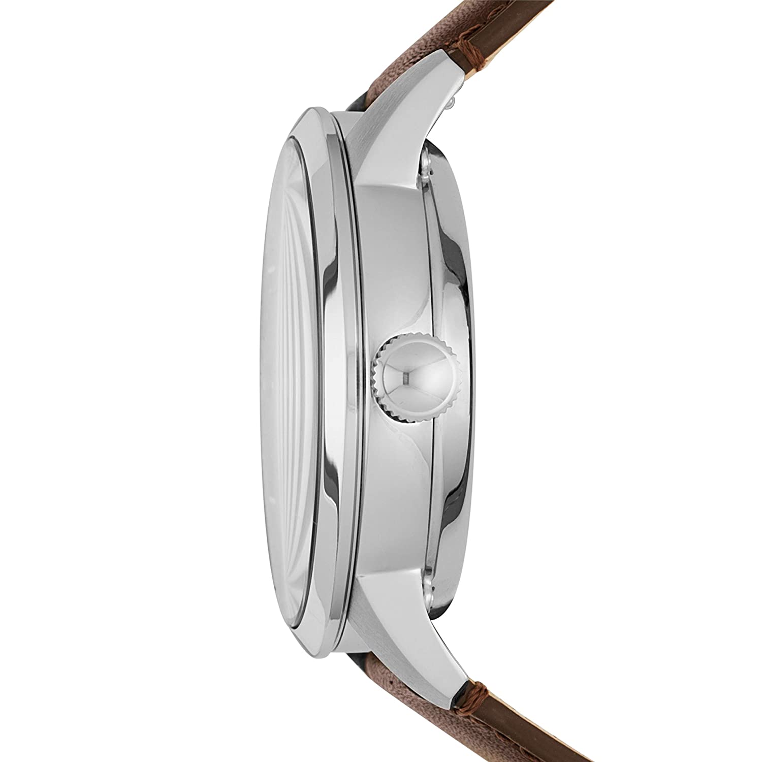 Fossil Townsman side profile showing case thickness, crown, and brown leather strap