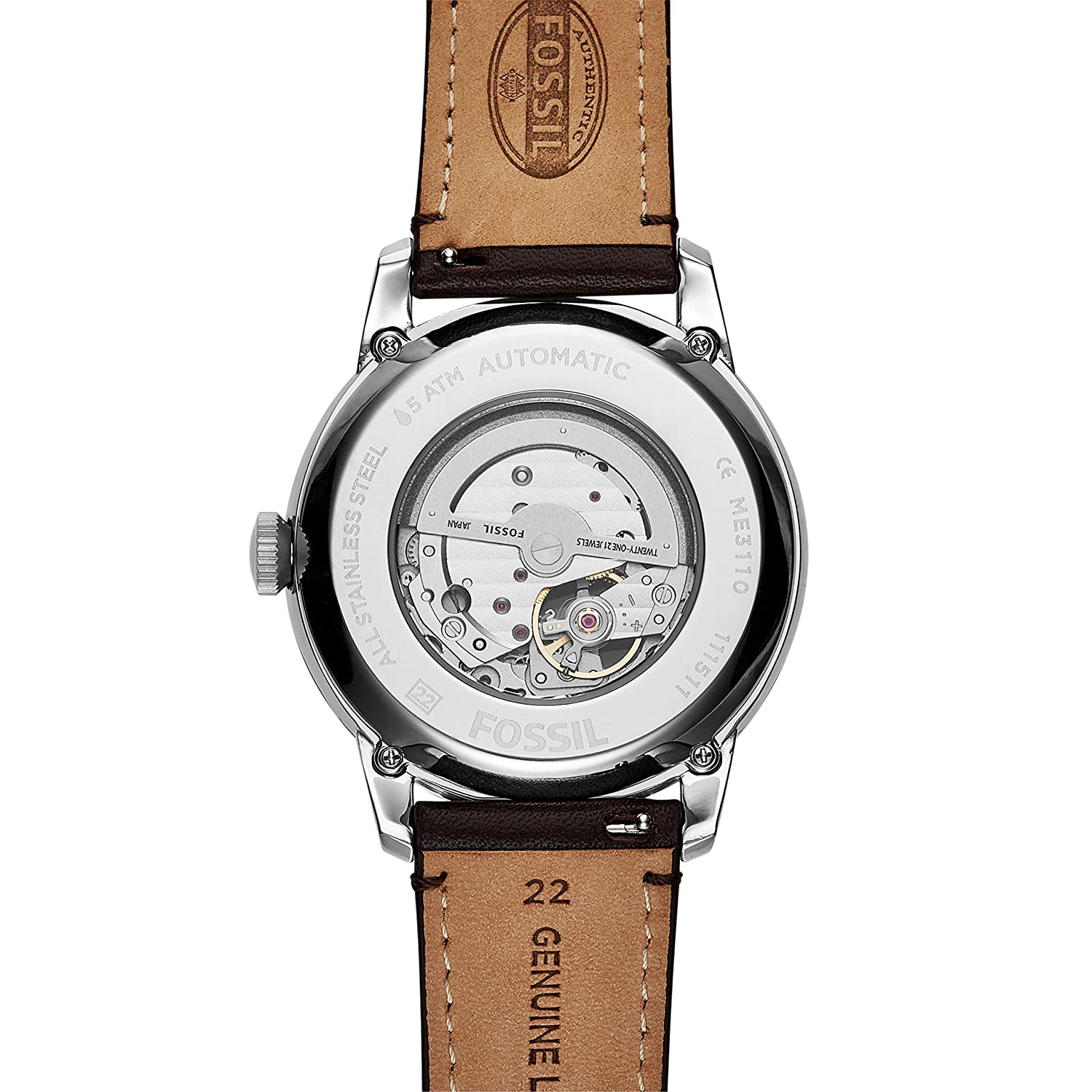 Fossil Townsman ME3110 caseback showing visible automatic movement through transparent sapphire crystal