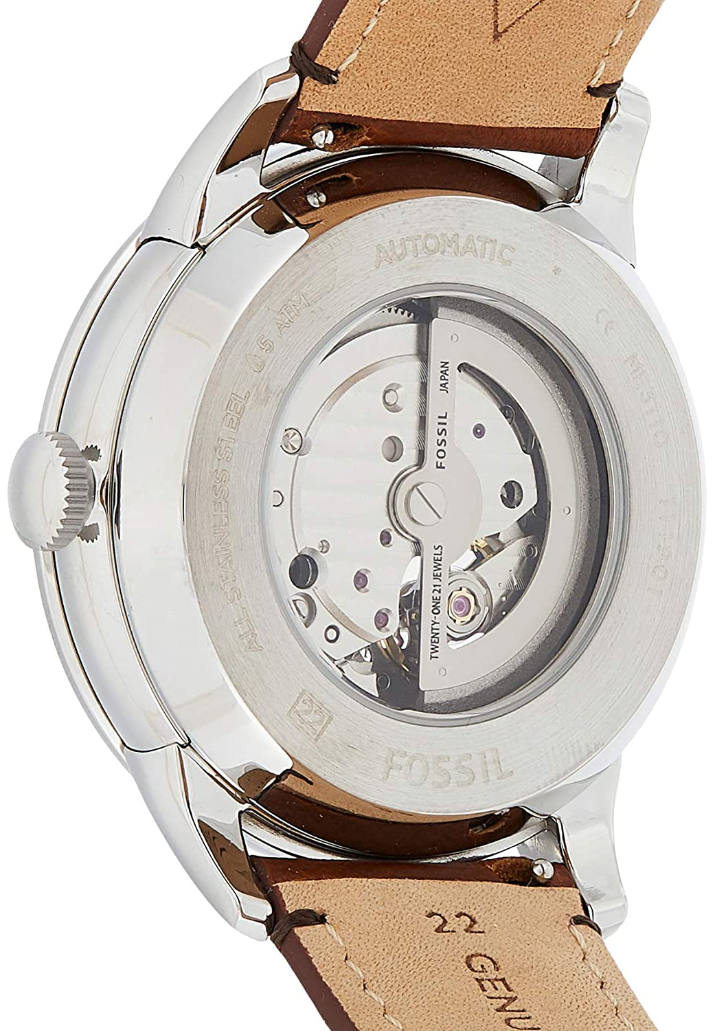 Side view of Fossil Townsman caseback displaying automatic movement and brown leather strap