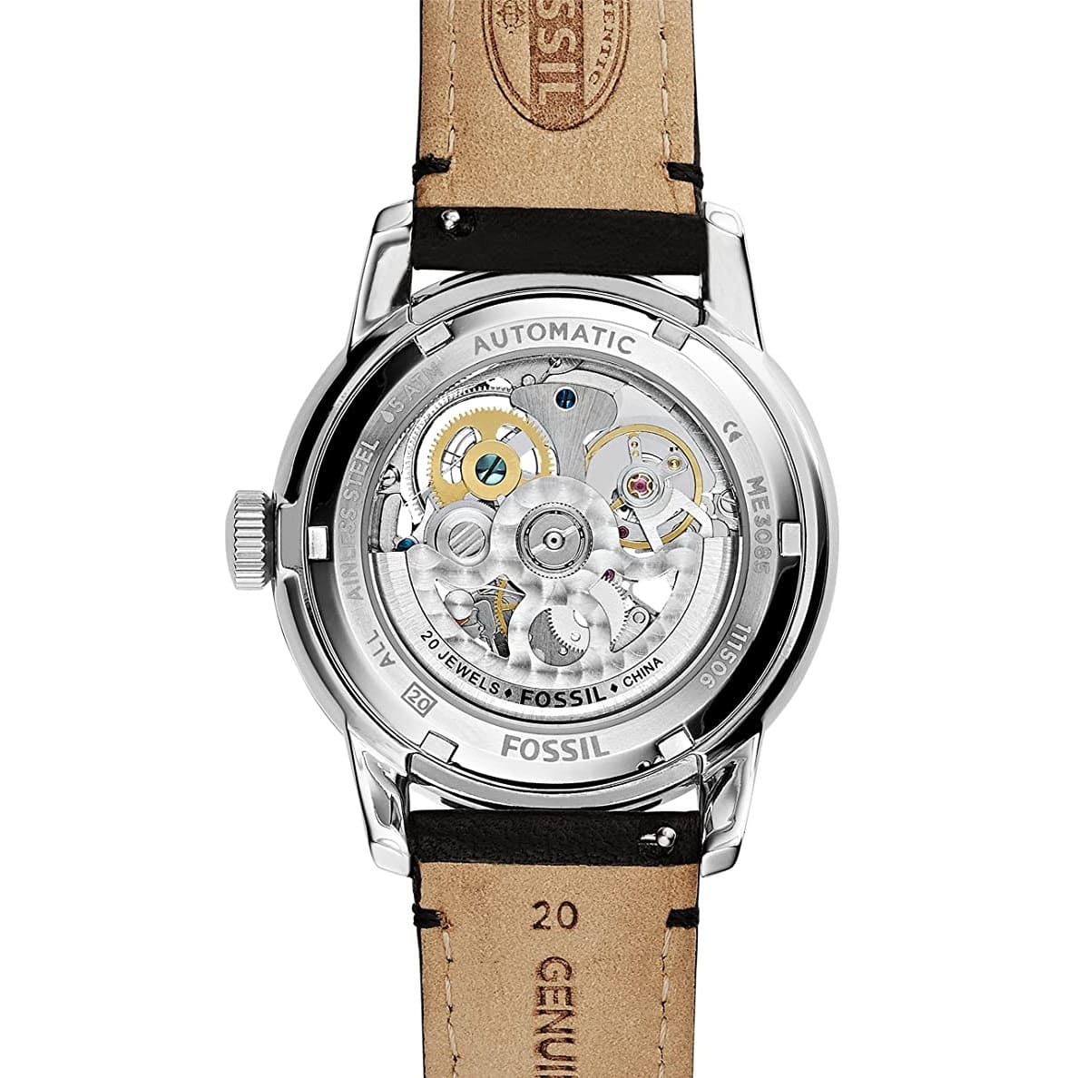 Top-down view of Fossil Townsman watch caseback showing automatic movement mechanics and strap