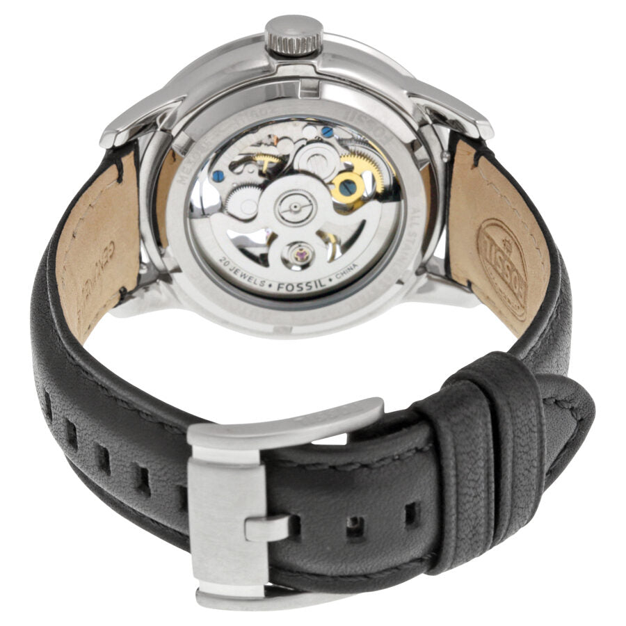 Caseback of Fossil Townsman showing automatic movement, transparent display, and black leather strap