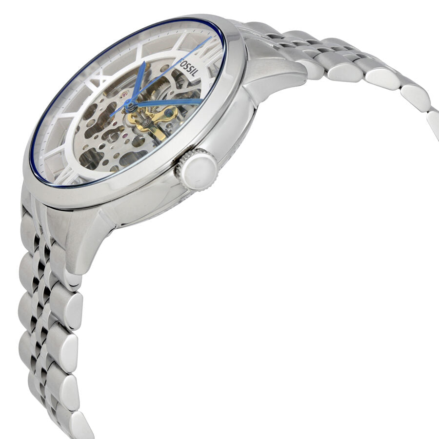 Angled side view of Fossil Townsman watch showing stainless steel bracelet and skeleton dial