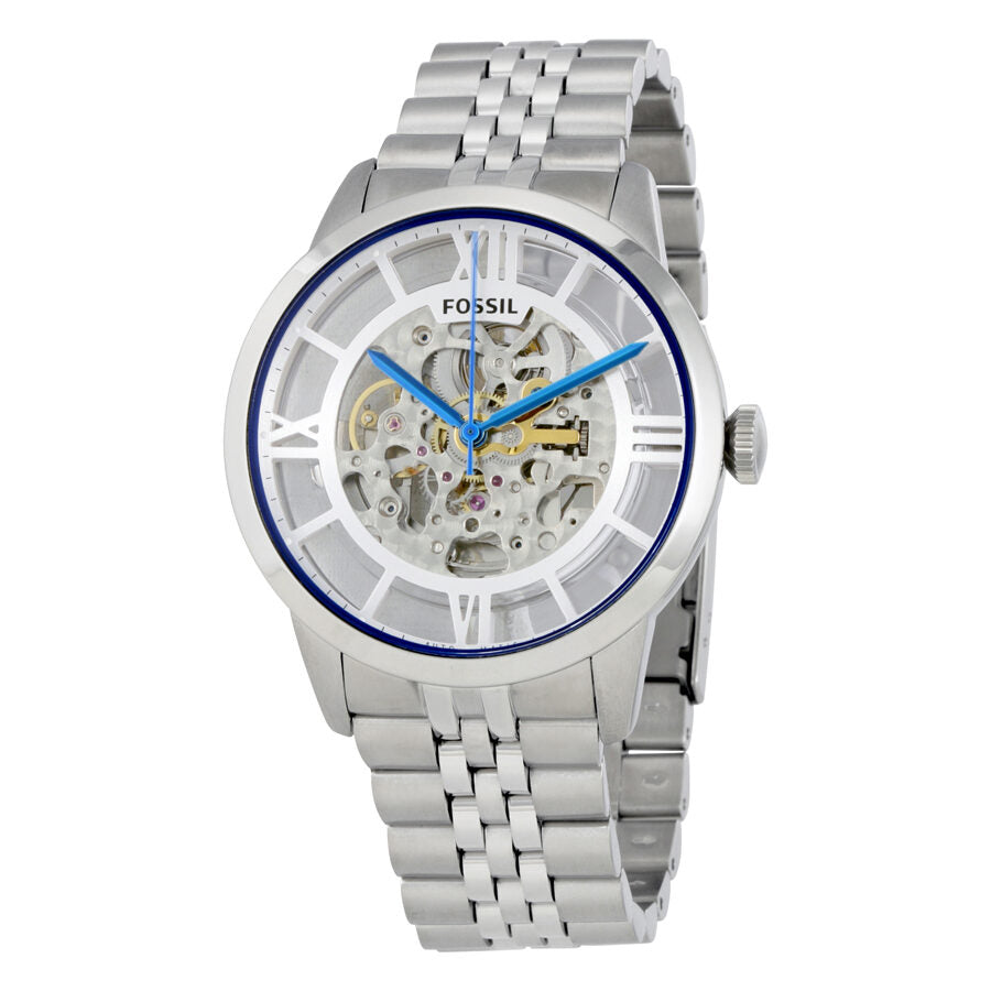 Fossil Townsman automatic skeleton dial men's watch with stainless steel bracelet and blue hands