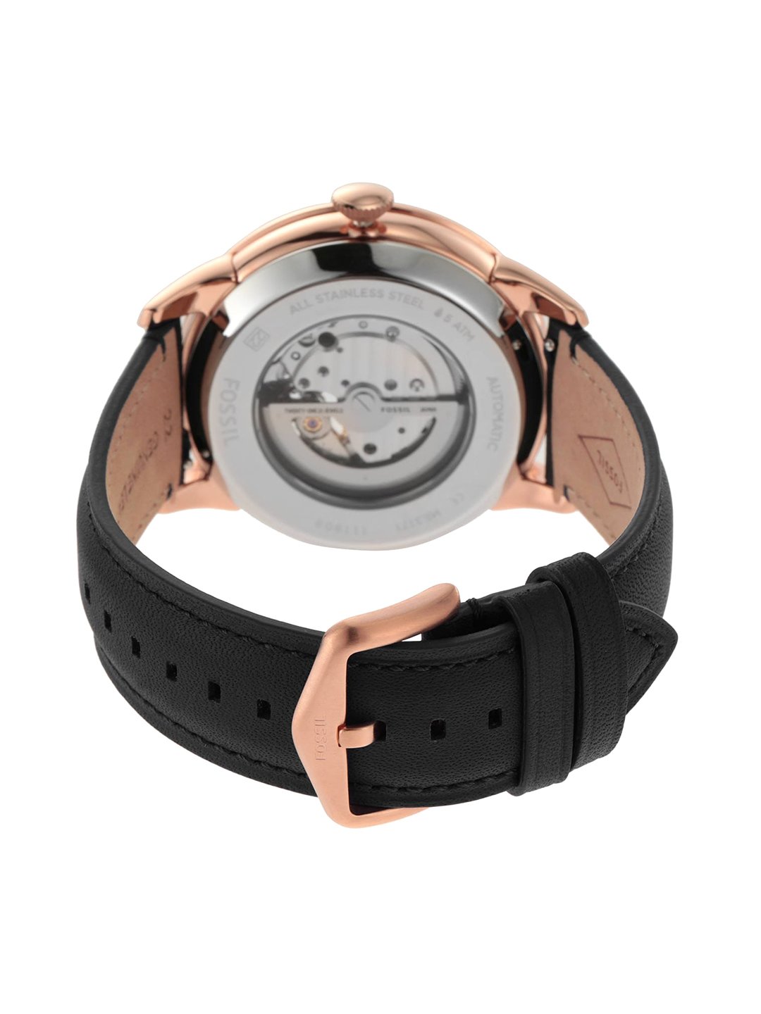 Fossil Townsman watch caseback displaying automatic movement visible through crystal
