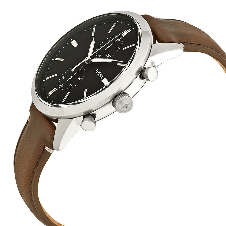 Fossil Townsman chronograph angle view showing silver case and brown leather strap