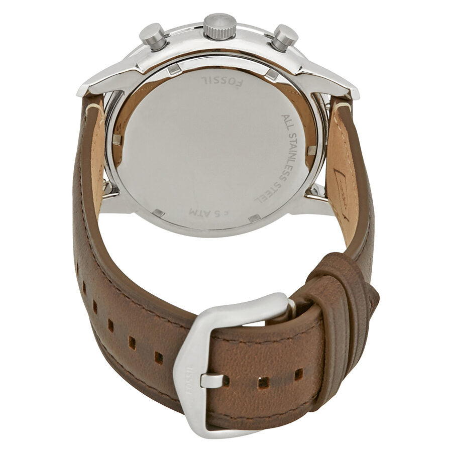 Fossil Townsman chronograph caseback with brown leather strap and buckle