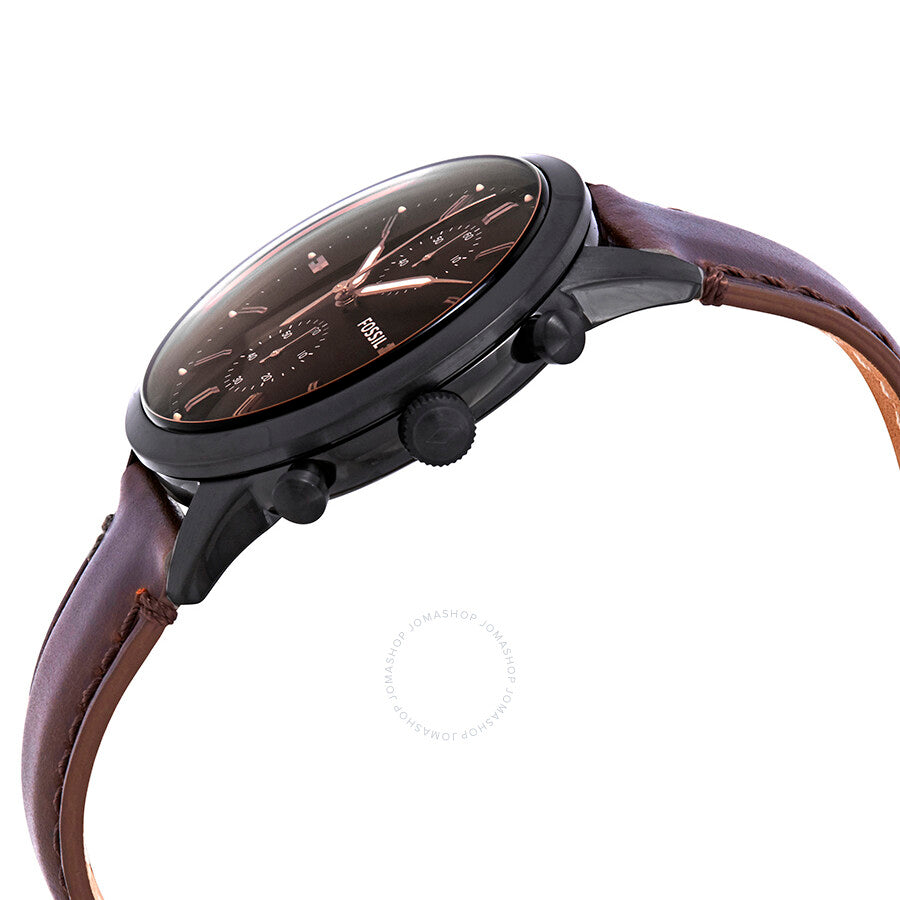 Side angle view of Fossil Townsman chronograph showing black case profile and brown leather strap