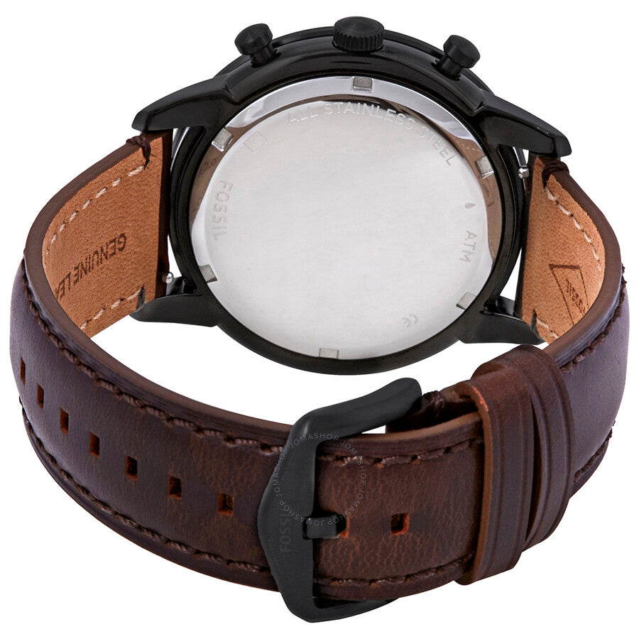 Caseback view of Fossil Townsman chronograph with stainless steel case back and brown leather strap