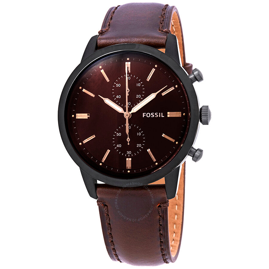 Fossil Townsman chronograph watch with black case, brown satin dial, rose-gold accents, and brown leather strap