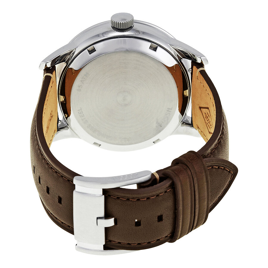 Fossil Townsman ME1163 case back showing stainless steel backing with brown leather strap and lugs
