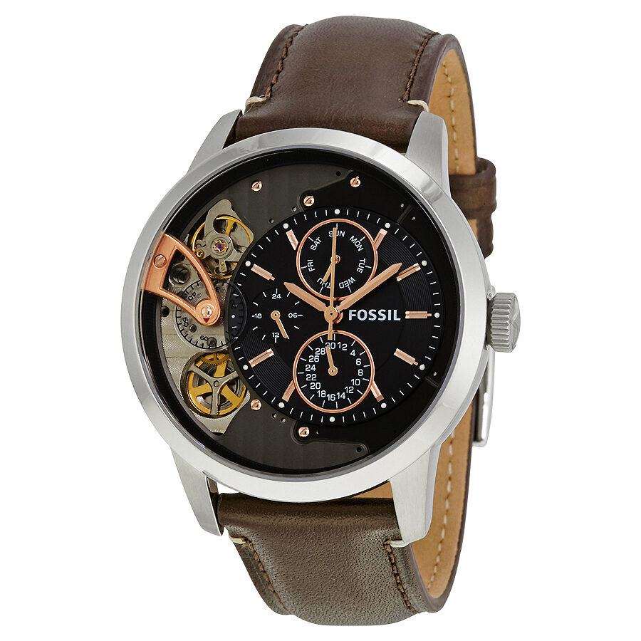 Fossil Townsman ME1163 chronograph watch with black dial, visible skeleton dial, chronograph subdials, and brown leather strap