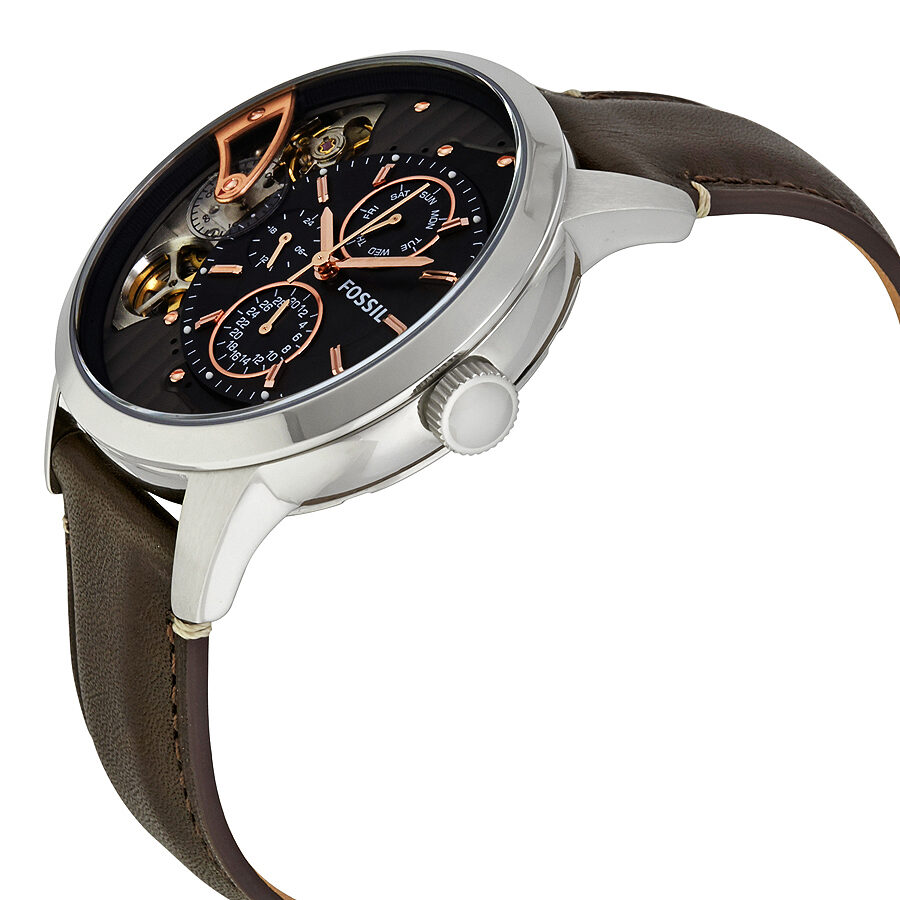 Fossil Townsman ME1163 watch showing side profile with stainless steel case and brown leather strap