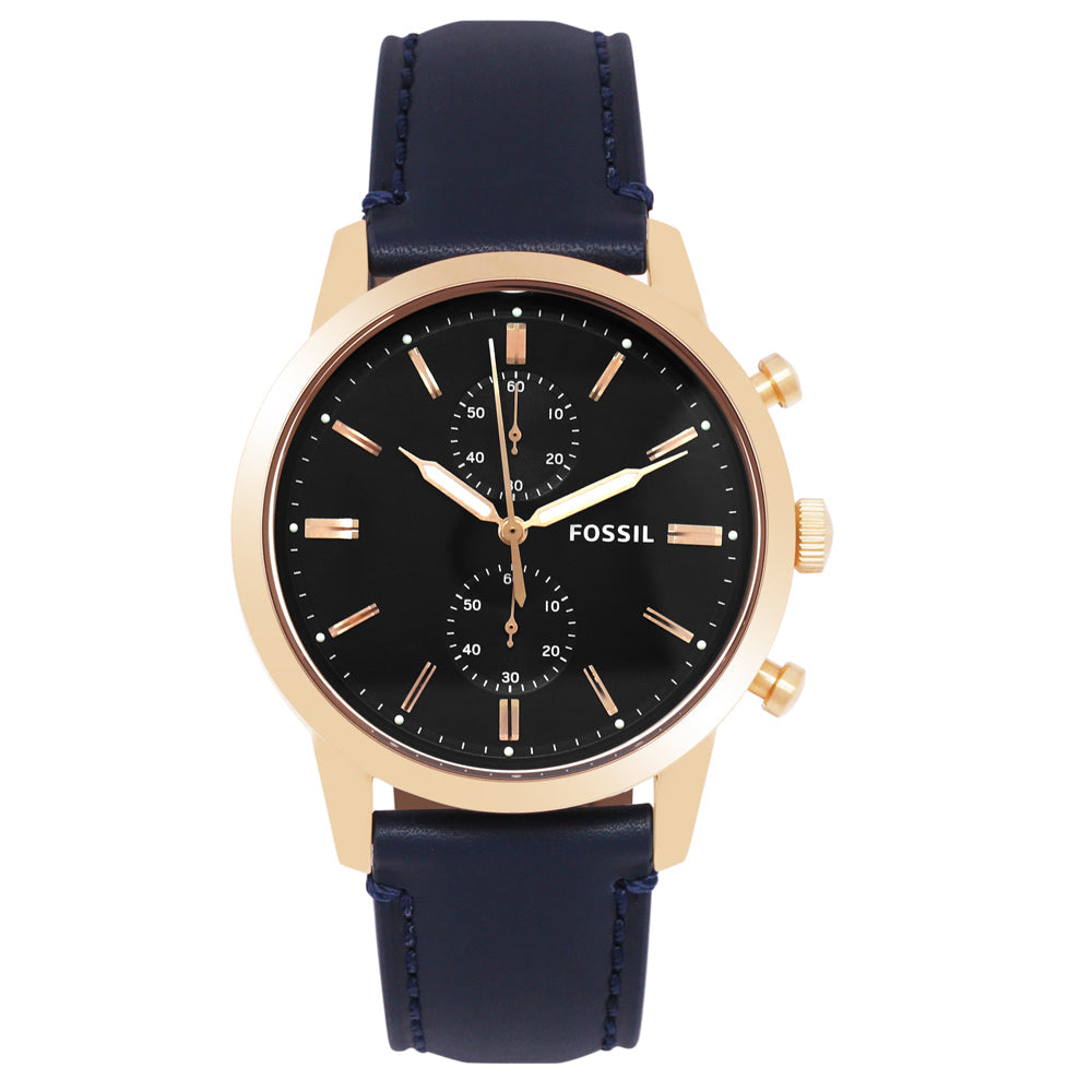 Fossil Townsman chronograph quartz men's watch with black dial and rose gold-tone case on navy leather strap