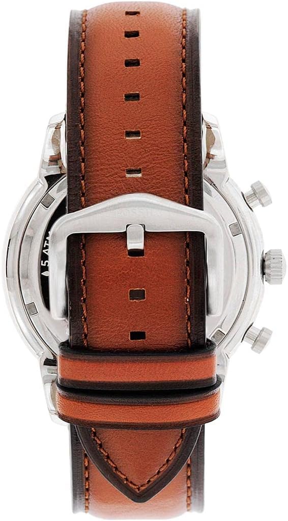 Fossil Townsman watch case back view showing stainless steel case with brown leather strap