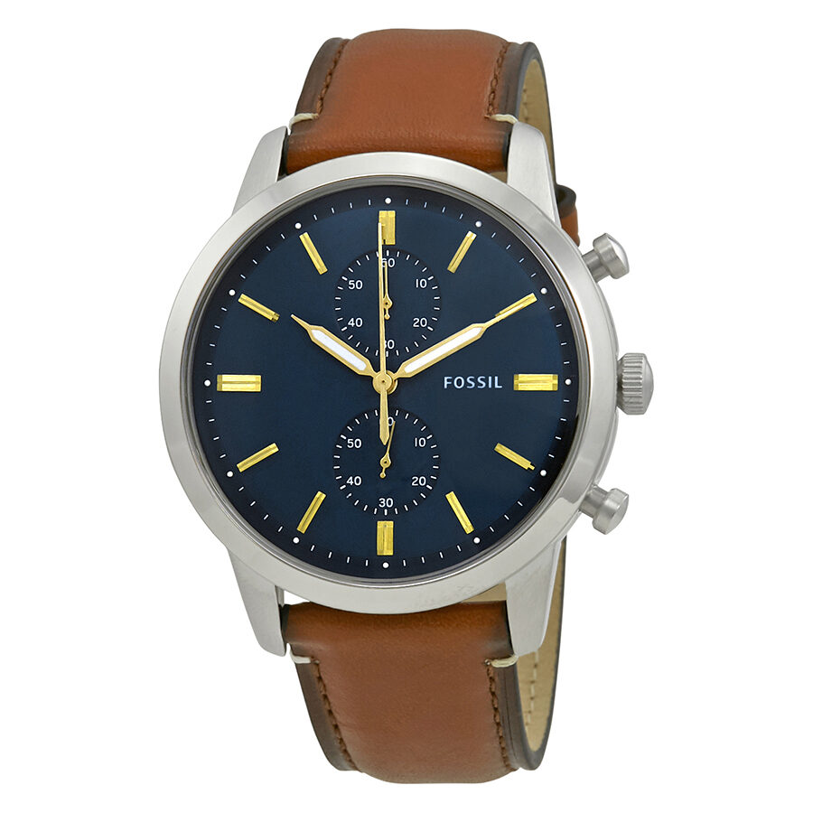 Fossil Townsman chronograph watch with blue dial, yellow hour markers, stainless steel case and brown leather strap