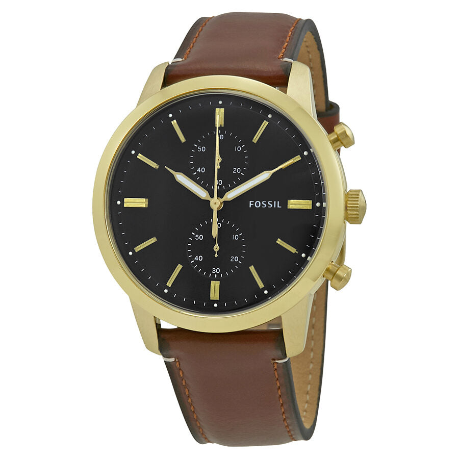 Fossil Townsman Chronograph with black dial, gold-tone case, and brown leather strap
