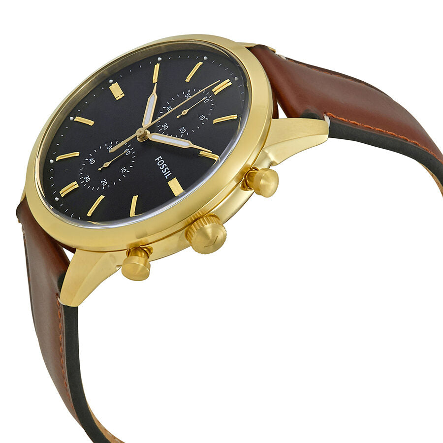 Fossil Townsman Chronograph side angle showing gold case and chronograph subdials on black dial
