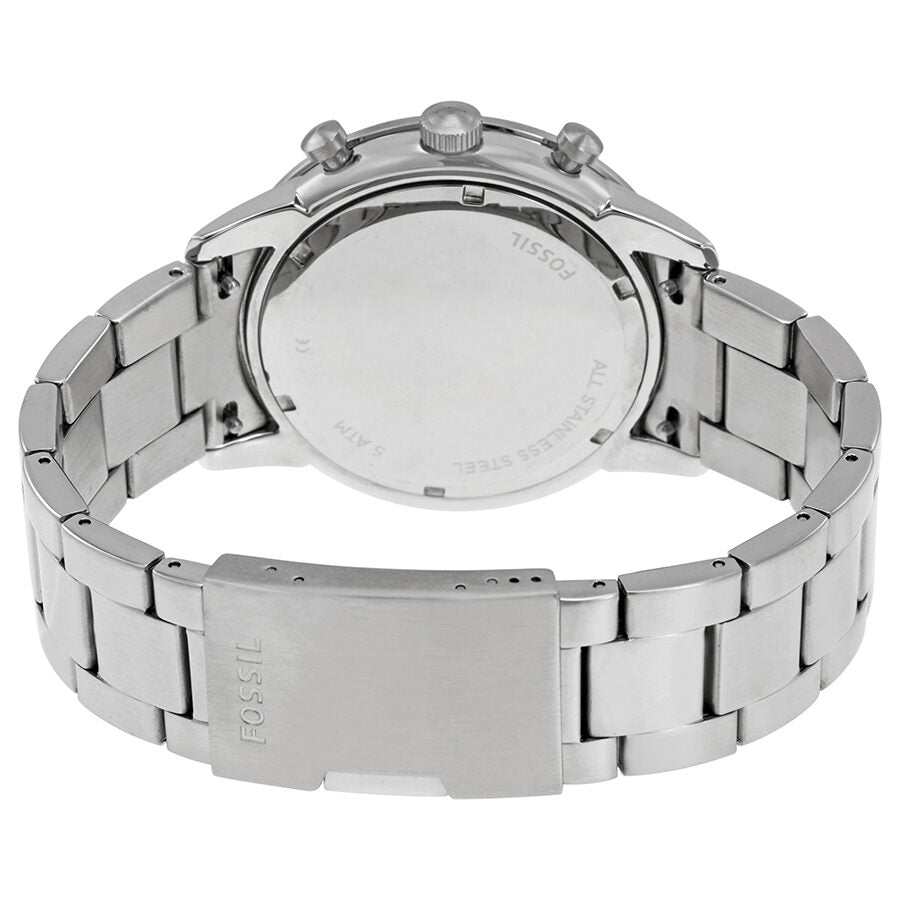 Fossil Townsman chronograph watch caseback showing stainless steel bracelet and deployment clasp