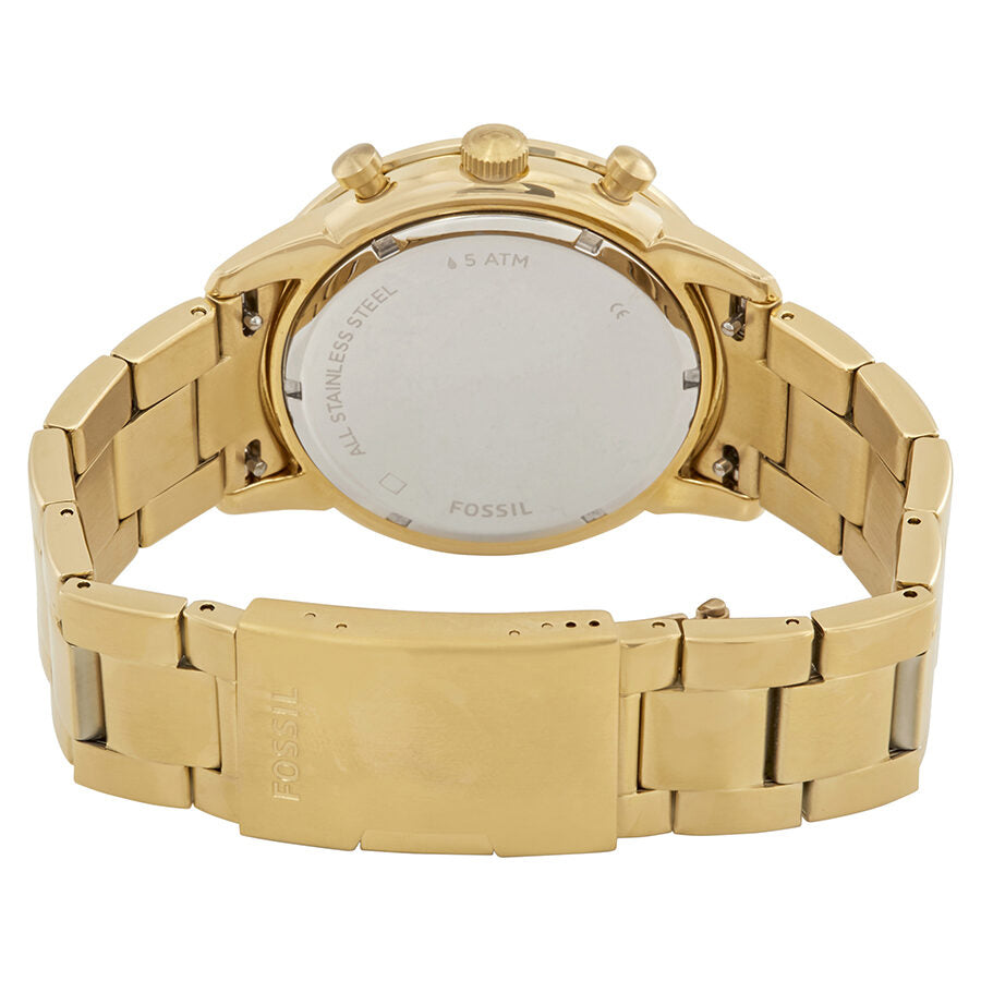 Back view of Fossil Townsman watch showing caseback and gold bracelet