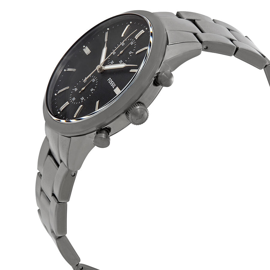 Fossil Townsman chronograph watch angled side view showing black dial and metal band