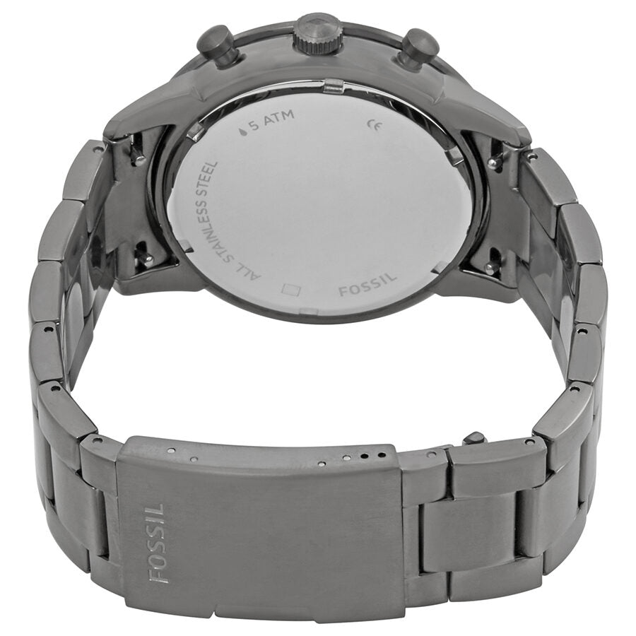 Fossil Townsman caseback showing 5 ATM water resistance marking and stainless steel back