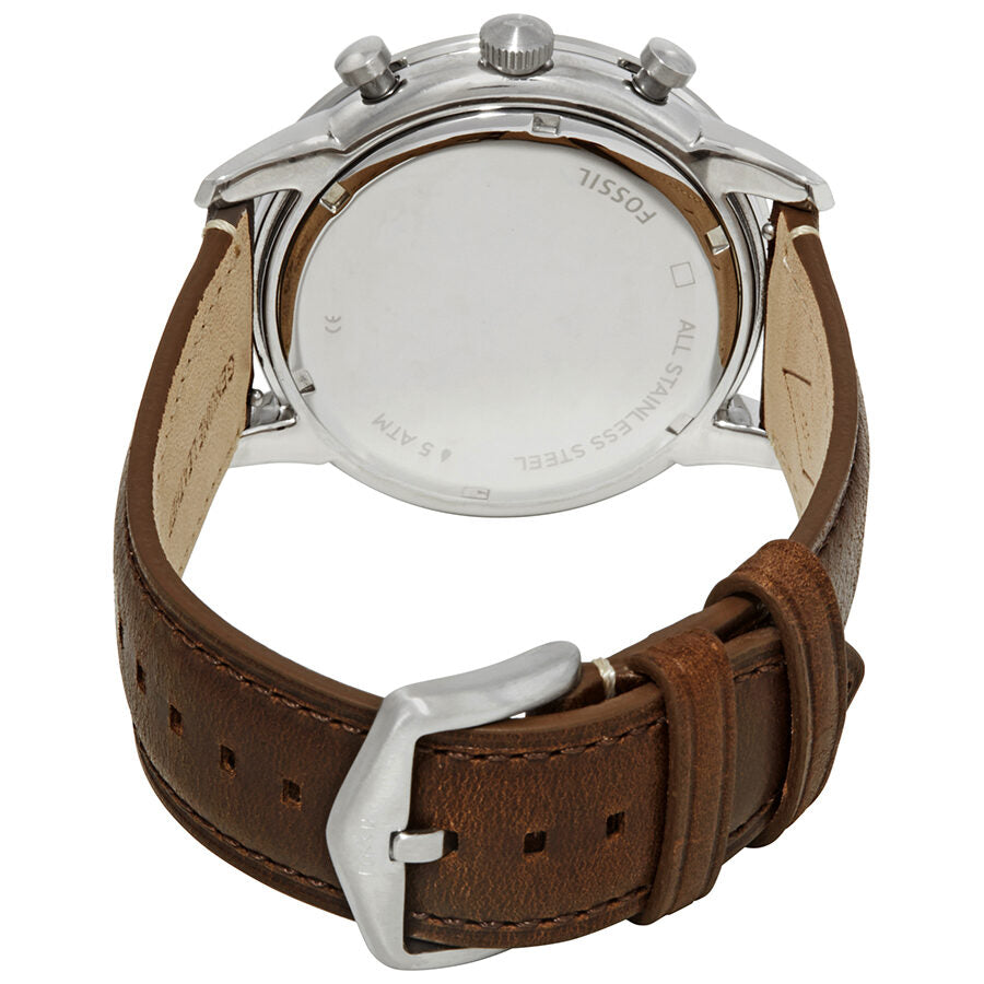 Fossil Townsman watch case back showing stainless steel with engraved text and brown leather strap