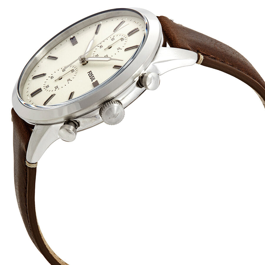 Fossil Townsman chronograph watch side view showing silver case and brown leather strap