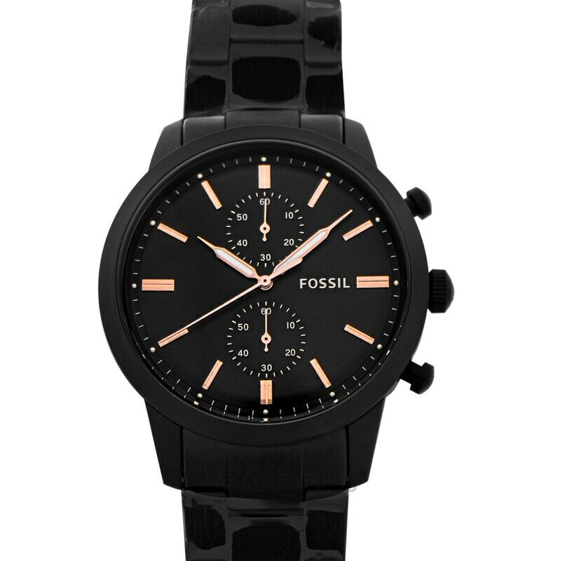Fossil Townsman Chronograph 44mm black dial with rose gold hour markers and chronograph subdials