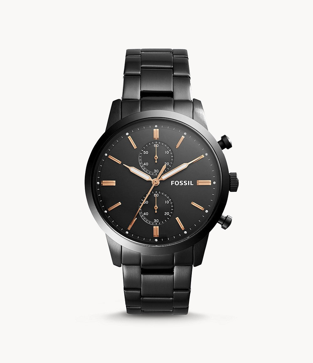 Fossil Townsman Chronograph 44mm black stainless steel watch full view on light background