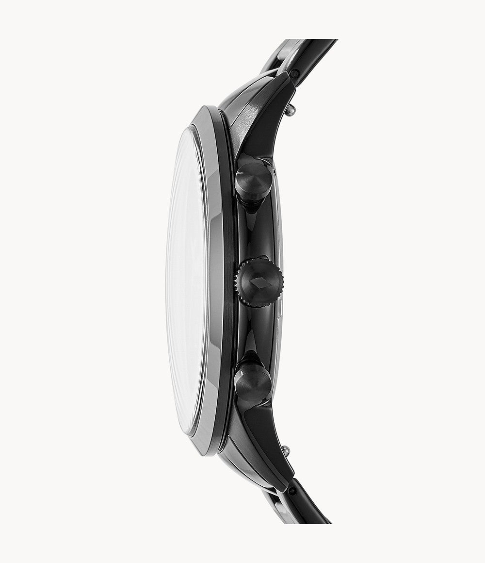 Fossil Townsman Chronograph side profile showing black stainless steel case and bracelet