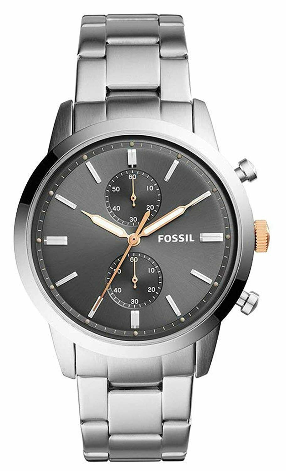 Fossil Townsman silver stainless steel chronograph watch with dark grey dial and rose gold accents