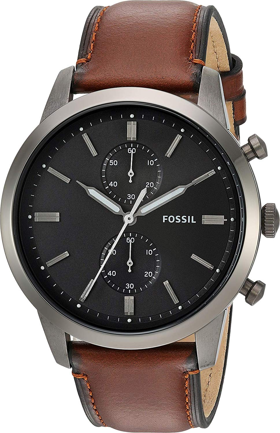 Fossil Townsman FS5522 three-quarter view showing gray dial chronograph and brown leather strap