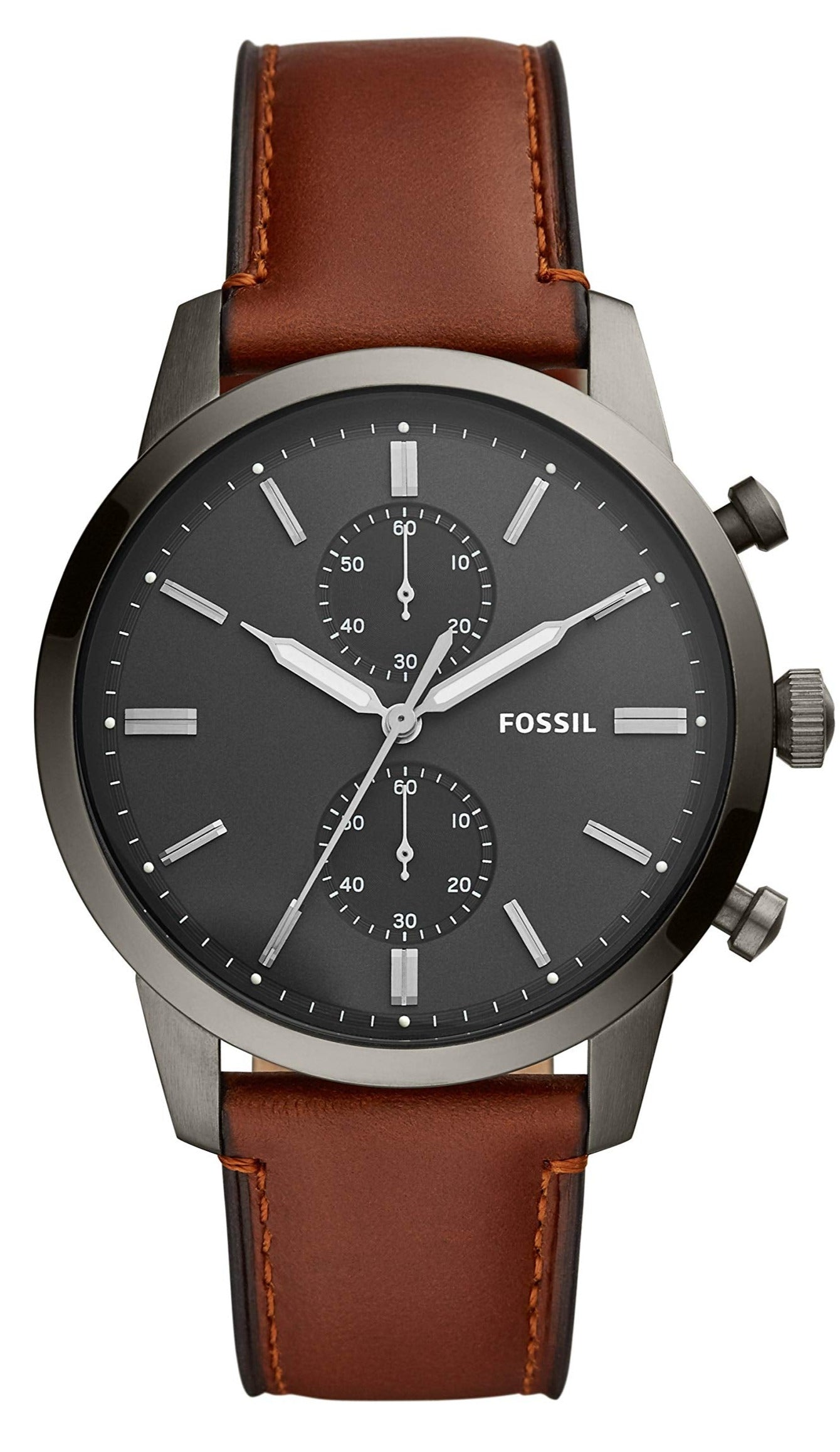 Fossil Townsman FS5522 chronograph watch with gray dial and brown leather strap