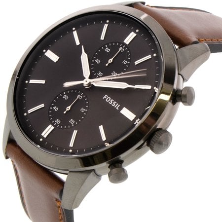 Fossil Townsman FS5522 side view showing gray dial, chronograph pushers, and brown leather strap