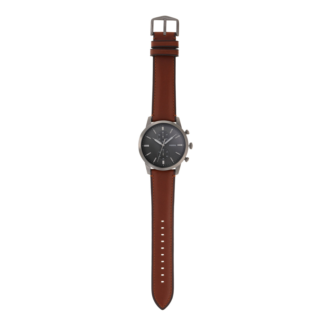 Fossil Townsman FS5522 watch with extended brown leather strap showing adjustment holes