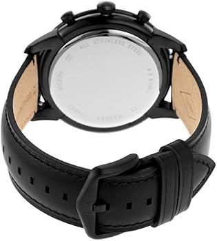 Fossil Townsman FS5585 watch caseback showing stainless steel back with leather strap detail