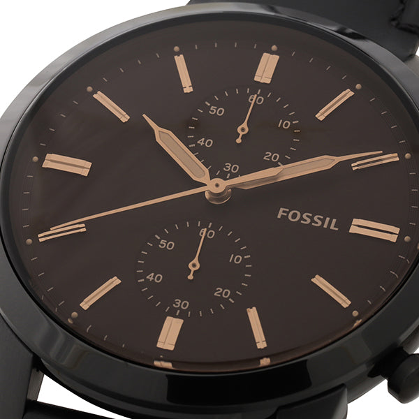 Close-up of Fossil Townsman FS5585 chronograph dial with rose gold hands and subdials