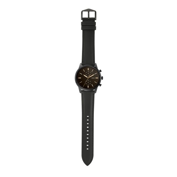 Fossil Townsman FS5585 men's watch shown from side angle with black leather strap