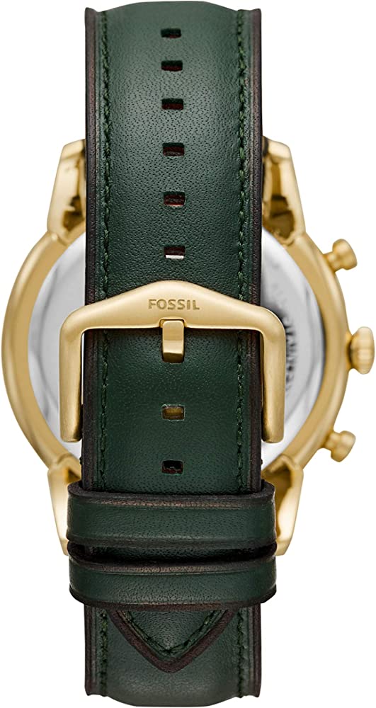 Caseback view of Fossil Townsman chronograph showing green leather strap and buckle